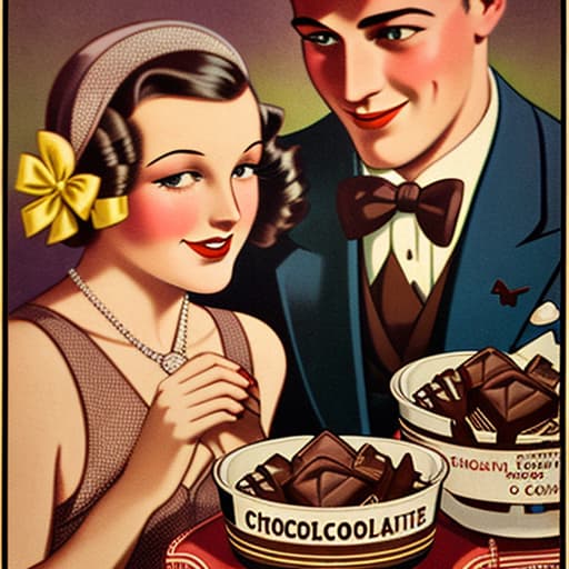  Vintage 1930’s chocolate advertising posters with a romantic couple. Foreground, pieces of fine dark chocolate in candy cups