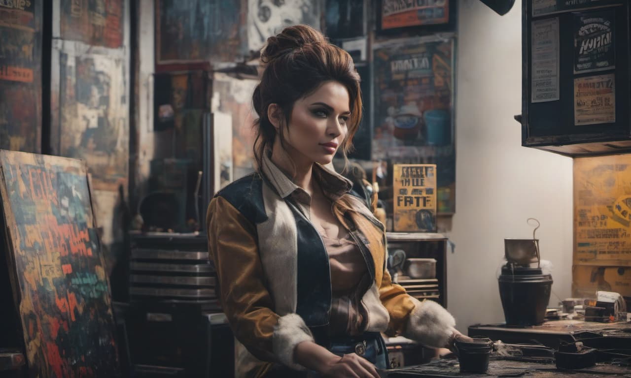  hyperrealistic art (Masterpiece, old poster style, acrylic painting, bold strokes, sweat:1.4), at full height, fallout , fallout 76 style clothing and hairstyle, long hair, , 50's style, extraordinary pose, pinup, ironic smile, contrasting colors and lighting, high resolution, high detail, high attention to detail. . extremely high resolution details, photographic, realism pushed to extreme, fine texture, incredibly lifelike hyperrealistic, full body, detailed clothing, highly detailed, cinematic lighting, stunningly beautiful, intricate, sharp focus, f/1. 8, 85mm, (centered image composition), (professionally color graded), ((bright soft diffused light)), volumetric fog, trending on instagram, trending on tumblr, HDR 4K, 8K