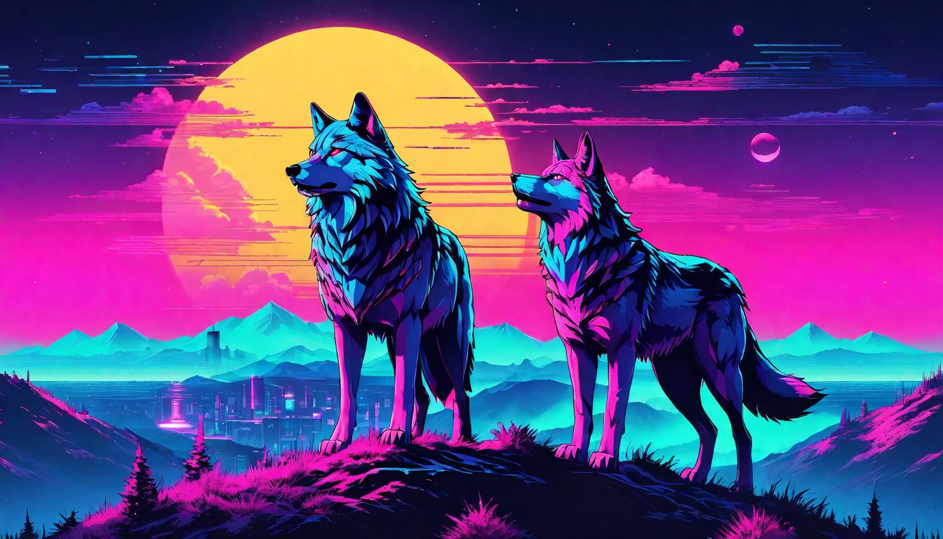  vaporwave,cyberpunk game style A wolf standing atop a hill under the moonlight, a vast wilderness stretching beyond. Solitary wolf, moonlit solitude, untamed spirit, emblem of independenceeon, dystopian, futuristic, digital, vibrant, detailed, high contrast, reminiscent of cyberpunk genre video games,retro aesthetic, cyberpunk, vibrant, neon colors, vintage 80s and 90s style, highly detailed