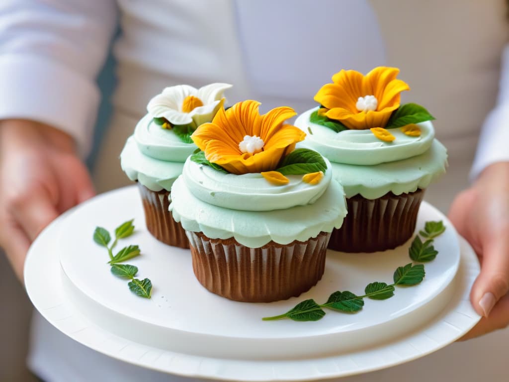  An ultradetailed closeup image of a baker's hands carefully decorating a delicate cupcake with intricate floral designs using sustainable, plantbased icing. The image showcases the vibrant colors of the natural ingredients, the precision of the piping technique, and the overall artistry and attention to detail involved in sustainable baking practices. hyperrealistic, full body, detailed clothing, highly detailed, cinematic lighting, stunningly beautiful, intricate, sharp focus, f/1. 8, 85mm, (centered image composition), (professionally color graded), ((bright soft diffused light)), volumetric fog, trending on instagram, trending on tumblr, HDR 4K, 8K