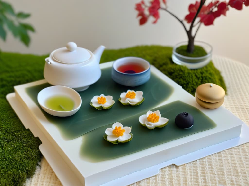  A highresolution, minimalist image of a traditional Japanese tea ceremony setting, featuring a beautifully crafted wagashi sweet placed delicately on a simple, elegant plate next to a meticulously arranged tea set with a serene and tranquil backdrop of a Japanese garden in soft focus. hyperrealistic, full body, detailed clothing, highly detailed, cinematic lighting, stunningly beautiful, intricate, sharp focus, f/1. 8, 85mm, (centered image composition), (professionally color graded), ((bright soft diffused light)), volumetric fog, trending on instagram, trending on tumblr, HDR 4K, 8K