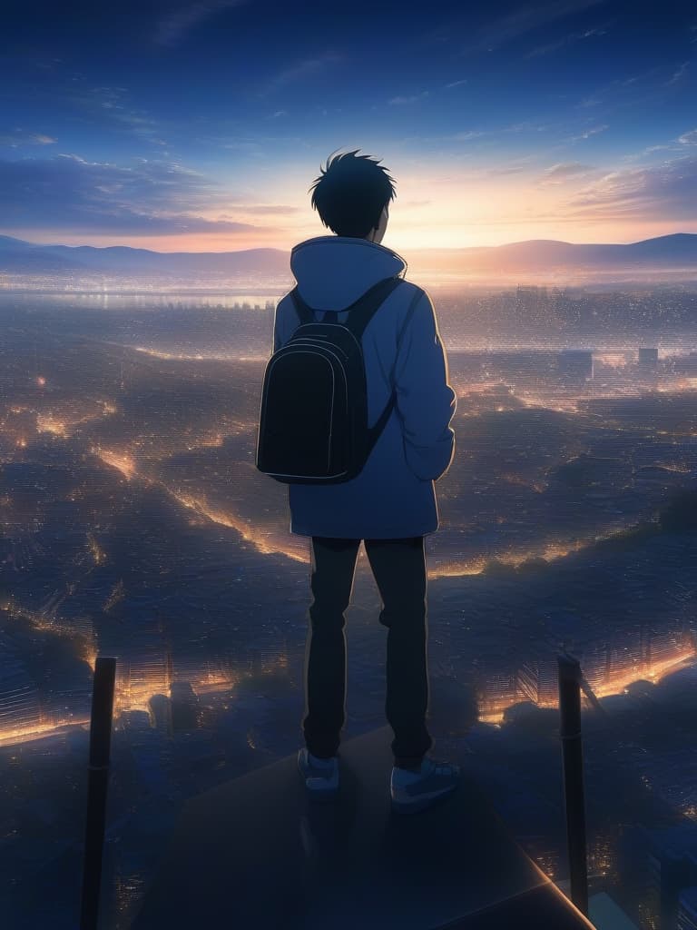  The background is the city of the city, the sky is a night sky, the sunset is a little visible, the night view of the urban city is watching, the back of the whole body., masterpiece, best quality,8k,ultra detailed,high resolution,an extremely delicate and beautiful,hyper detail