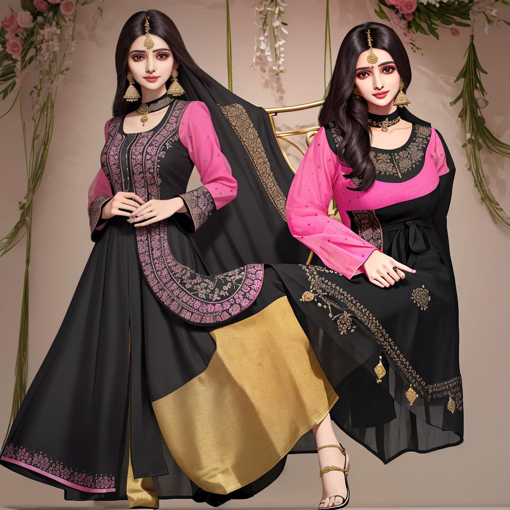  masterpiece, best quality,Elegant waist length kurti indian style with black sharara at bottom and black dupatta on top.should have embroidery patch work around neckline and .colour of kurti pink, long sleeves straight kurti ,