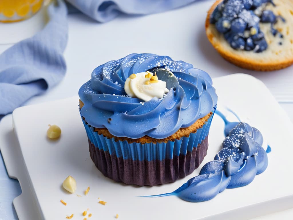  An ultradetailed closeup image of a perfectly baked blue corn muffin, showcasing its goldenbrown crust speckled with blue corn kernels, set against a sleek, white minimalist background. The muffin is delicately topped with a dollop of rich, creamy mascarpone cheese and a drizzle of organic blue agave syrup, exuding a sense of elegance and sophistication. The lighting highlights the texture of the muffin and the vibrant blue hue of the corn, creating a visually captivating and appetizing composition. hyperrealistic, full body, detailed clothing, highly detailed, cinematic lighting, stunningly beautiful, intricate, sharp focus, f/1. 8, 85mm, (centered image composition), (professionally color graded), ((bright soft diffused light)), volumetric fog, trending on instagram, trending on tumblr, HDR 4K, 8K