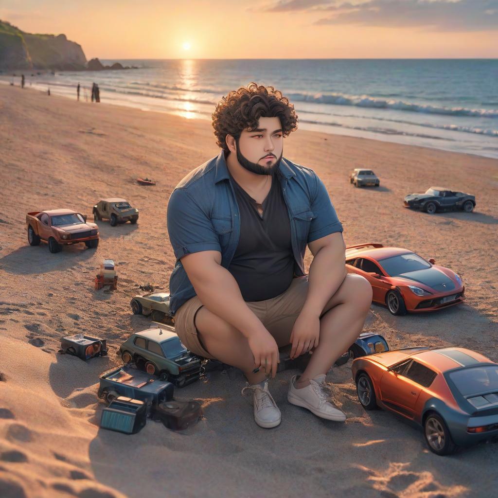  young man, curly hair, close eyes, chubby body, midl beard, sitting on the beach, toy cars around her, sunset, anime style hyperrealistic, full body, detailed clothing, highly detailed, cinematic lighting, stunningly beautiful, intricate, sharp focus, f/1. 8, 85mm, (centered image composition), (professionally color graded), ((bright soft diffused light)), volumetric fog, trending on instagram, trending on tumblr, HDR 4K, 8K