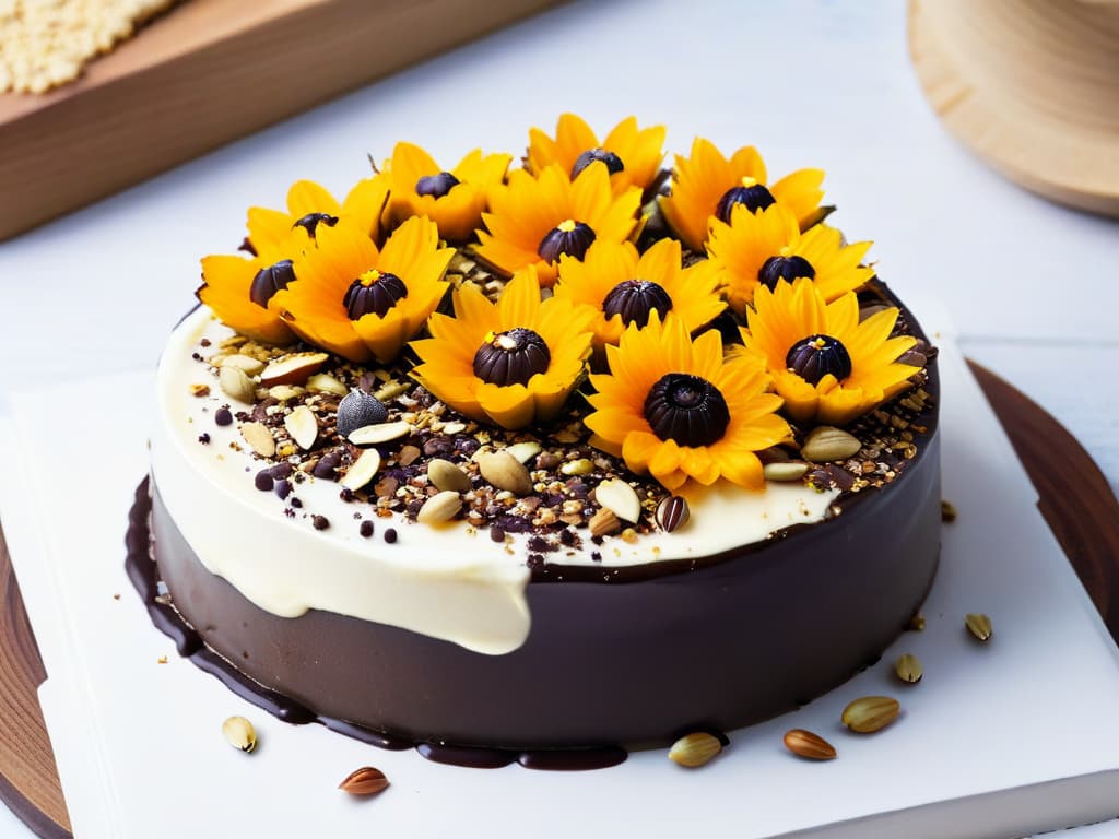  A closeup, ultradetailed image of a delectable dark chocolate and mixed nut tart topped with a variety of toasted seeds like chia, pumpkin, and sunflower seeds. The tart is set on a minimalist, modern white plate with a drizzle of honey cascading down the side, showcasing the intricate textures and rich colors of the dessert. The nuts and seeds are perfectly arranged to create a visually appealing pattern, inviting the viewer to indulge in the crunchy, indulgent treat. hyperrealistic, full body, detailed clothing, highly detailed, cinematic lighting, stunningly beautiful, intricate, sharp focus, f/1. 8, 85mm, (centered image composition), (professionally color graded), ((bright soft diffused light)), volumetric fog, trending on instagram, trending on tumblr, HDR 4K, 8K