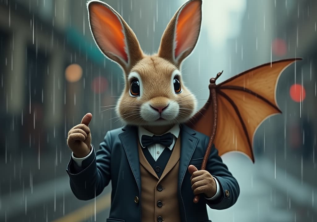  good quality, high quality, a stylish rabbit dressed in a suit, holding a bat under the rain, blending whimsy with urban elegance.