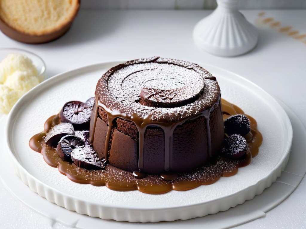  An ultradetailed closeup image of a decadent chocolate lava cake being sliced open, revealing a gooey molten center oozing out onto a sleek white plate. The rich, glossy chocolate contrasts beautifully with the pristine surface, showcasing the intricate textures of the dessert in exquisite detail. A sprinkle of powdered sugar delicately dusts the top, adding a touch of elegance to the visually stunning composition. hyperrealistic, full body, detailed clothing, highly detailed, cinematic lighting, stunningly beautiful, intricate, sharp focus, f/1. 8, 85mm, (centered image composition), (professionally color graded), ((bright soft diffused light)), volumetric fog, trending on instagram, trending on tumblr, HDR 4K, 8K