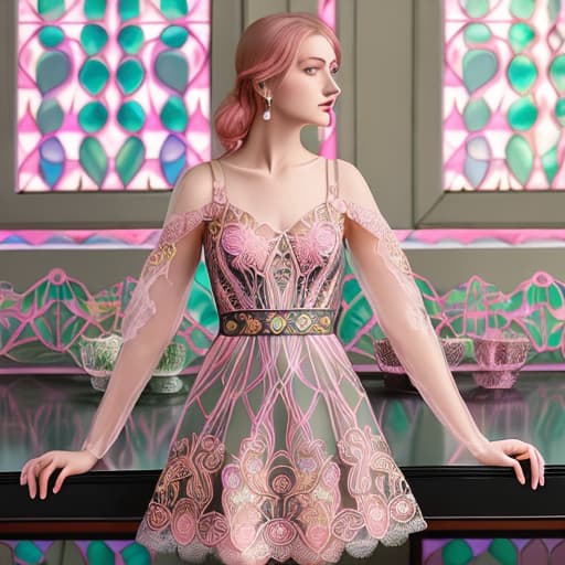  Beautiful Alica Schmidt (transparent lace multi colored pastel dress with visible)(pink cheeks)(shadow lighting)(Superrealism)(Foreground: open box of fine dark chocolates on a small serving table)(Background artdeco mansion)(gold scrollwork)(delicate hands and fingers)