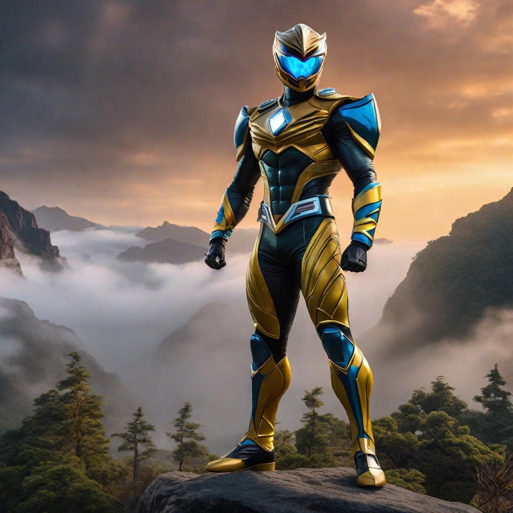  a single power ranger with technological design whose colors are mainly night black and secondary colors are redwood and earth yellow drawn in realistic anime style hyperrealistic, full body, detailed clothing, highly detailed, cinematic lighting, stunningly beautiful, intricate, sharp focus, f/1. 8, 85mm, (centered image composition), (professionally color graded), ((bright soft diffused light)), volumetric fog, trending on instagram, trending on tumblr, HDR 4K, 8K