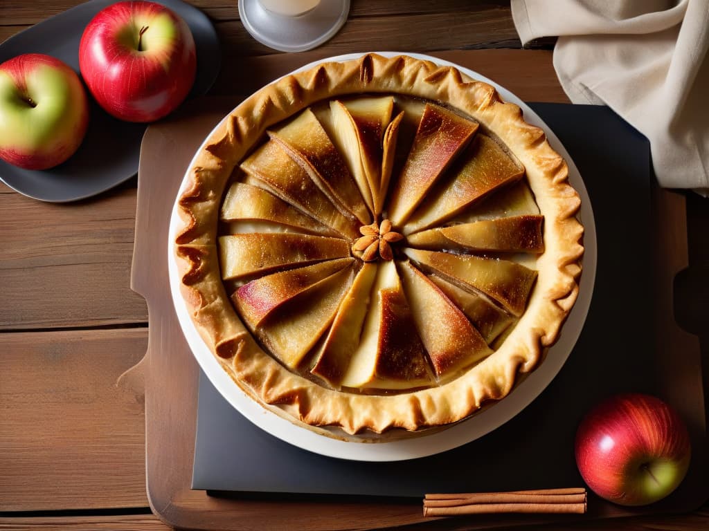  A closeup, ultradetailed image of a freshly baked spiced apple pie sitting on a rustic wooden table. The golden crust glistens under a soft warm light, revealing intricate flaky layers dusted with cinnamon sugar. Steam rises gently from the pie, carrying the fragrant aroma of baked apples, cloves, and nutmeg. The background is softly blurred, emphasizing the pie as the focal point and evoking a cozy, inviting atmosphere perfect for a winter dessert. hyperrealistic, full body, detailed clothing, highly detailed, cinematic lighting, stunningly beautiful, intricate, sharp focus, f/1. 8, 85mm, (centered image composition), (professionally color graded), ((bright soft diffused light)), volumetric fog, trending on instagram, trending on tumblr, HDR 4K, 8K