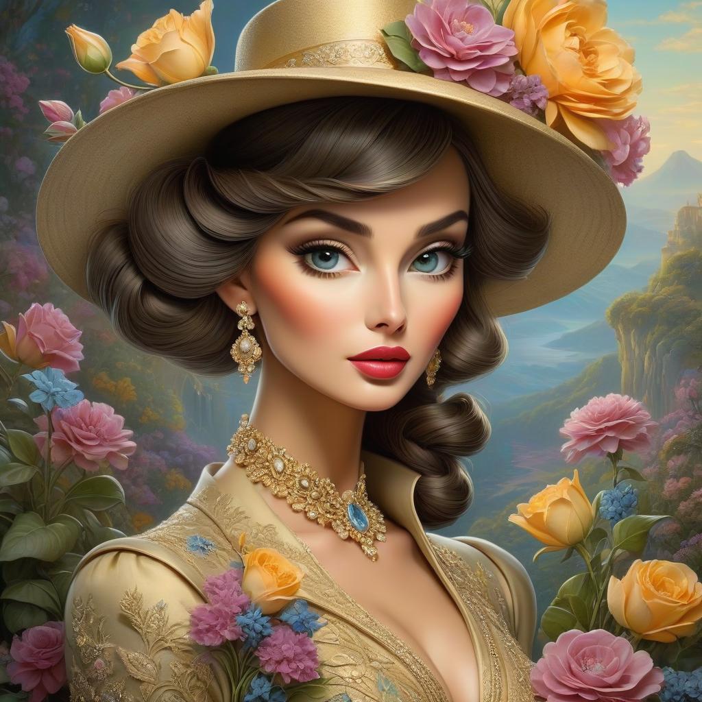  Beautiful woman with hat and flowers in the golden age, style of Daniel Merriam, Josephine Wall, Catherine Abel, in the era of the young Audrey Hepburn hyperrealistic, full body, detailed clothing, highly detailed, cinematic lighting, stunningly beautiful, intricate, sharp focus, f/1. 8, 85mm, (centered image composition), (professionally color graded), ((bright soft diffused light)), volumetric fog, trending on instagram, trending on tumblr, HDR 4K, 8K