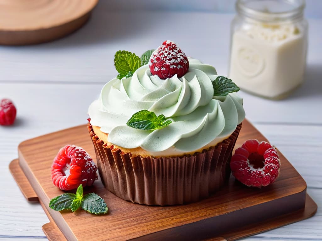  A closeup photorealistic image of a delicate, intricately decorated cupcake topped with a perfectly piped swirl of fluffy frosting, adorned with fresh raspberries and mint leaves. The cupcake is placed on a rustic wooden tabletop, with soft natural light gently illuminating its details, showcasing the fine craftsmanship of the dessert and inviting viewers to appreciate the artistry of using stevia in baking. hyperrealistic, full body, detailed clothing, highly detailed, cinematic lighting, stunningly beautiful, intricate, sharp focus, f/1. 8, 85mm, (centered image composition), (professionally color graded), ((bright soft diffused light)), volumetric fog, trending on instagram, trending on tumblr, HDR 4K, 8K