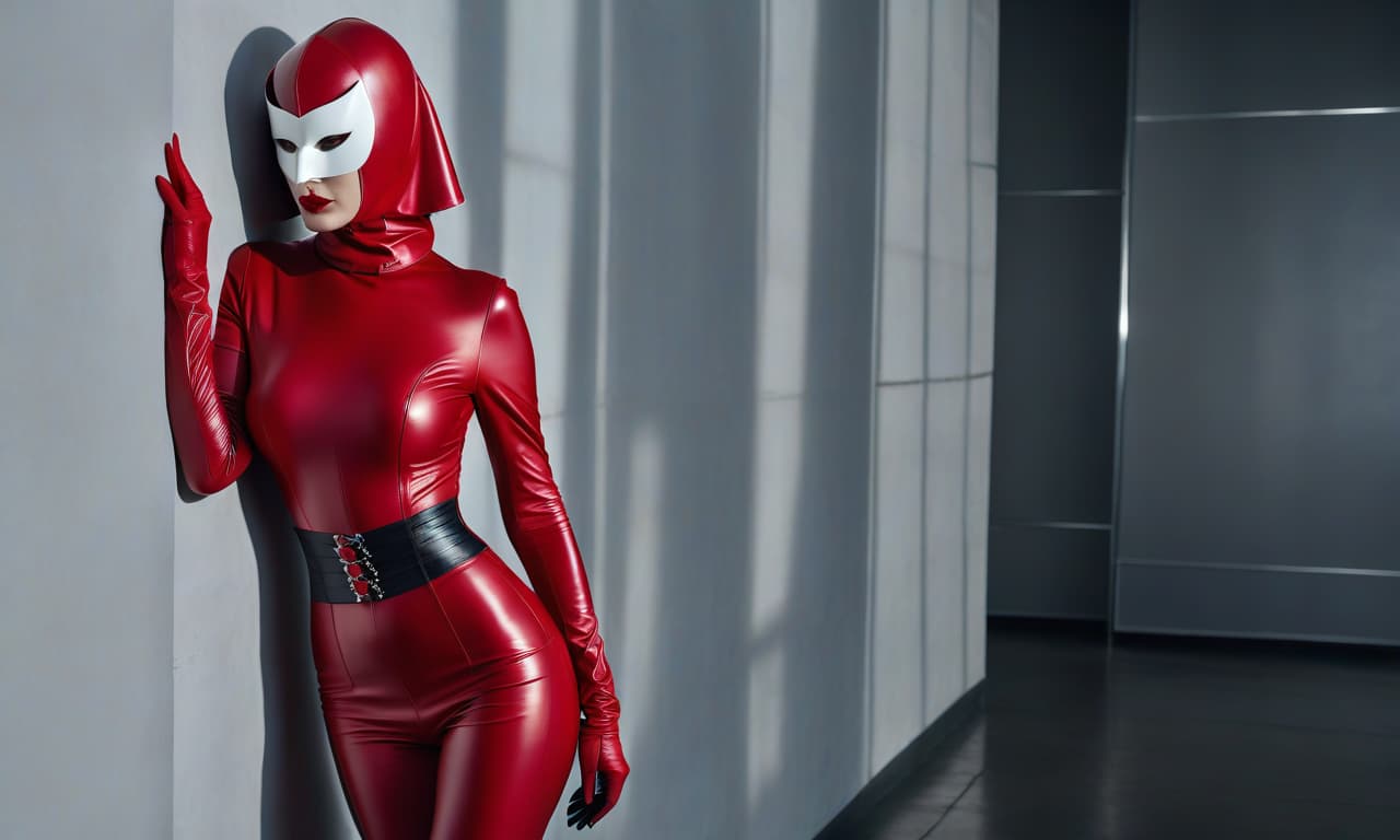  cinematic film still A strict nun, standing tall, pale skin, brightly colored eyes, plump lips, wearing a stunning red latex outfit tightly hugging her body, stands by the wall. Upon her head, a tightly fitting red mask fully covering her head and face. The mask tightly fits her entire face. On her hands are white gloves. On her legs, white boots on a high heel, a red corset, (dark frame: 1.17), an epic realistic, grayish, (neutral colors), artistic, (hdr: 1.5), (muted colors: 1.2), with increased detail, (artstation: 1.5), cinematic, warm light, dramatic light, (complex details: 1.1), complex background, (rubkovsky: 0.8), (blue and orange: 0.4), Detail, ((complex details), highly detailed), hdr, ((complex details, highly detailed)) . shal hyperrealistic, full body, detailed clothing, highly detailed, cinematic lighting, stunningly beautiful, intricate, sharp focus, f/1. 8, 85mm, (centered image composition), (professionally color graded), ((bright soft diffused light)), volumetric fog, trending on instagram, trending on tumblr, HDR 4K, 8K