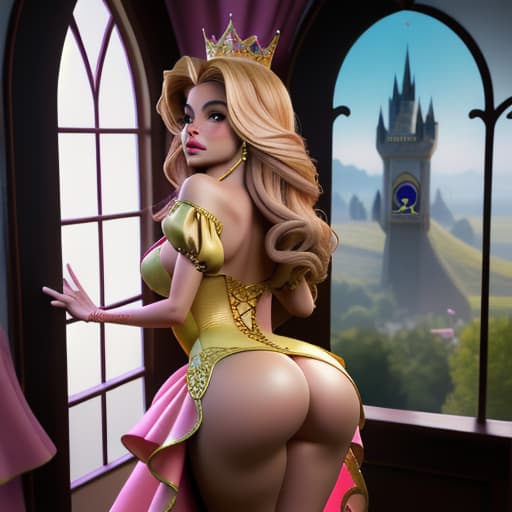  Sofia Vergara as a fantasy Disney queen in bodytight and skinny pink-yellow short and opulent dress,seen from the back leaning towards palace window,her ass up,watching her Middle Earth- like kingdom