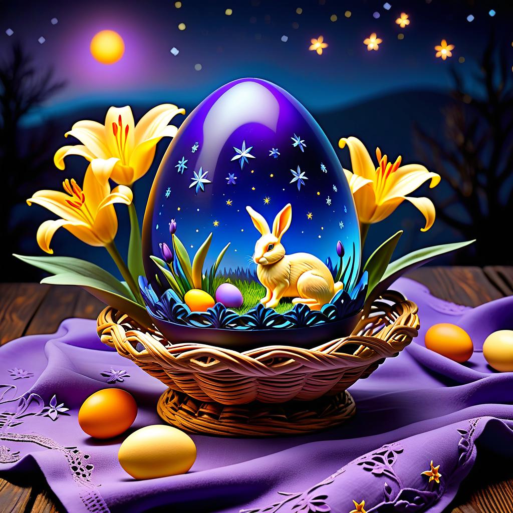  ethereal fantasy concept art of (Sky):starry night. (Colour):dark blue, violet, lilac. Yellow, orange cream lilies blossom on the background of the starry sky. On the openwork tablecloth is an Easter basket with Easter eggs. In the centre of the basket is a large decorative glass egg on a carved wooden stand. In the egg sits the Easter Bunny. (Bunny). Description: a small fluffy adorable bunny. Wool of delicate pastel colours: blue, lilac, the colour of cocoa with milk. Sits in the young grass around him painted Easter eggs: lilac pink orange red, blue, lettuce. . magnificent, celestial, ethereal, painterly, epic, majestic, magical, fantasy art, cover art, dreamy hyperrealistic, full body, detailed clothing, highly detailed, cinematic lighting, stunningly beautiful, intricate, sharp focus, f/1. 8, 85mm, (centered image composition), (professionally color graded), ((bright soft diffused light)), volumetric fog, trending on instagram, trending on tumblr, HDR 4K, 8K