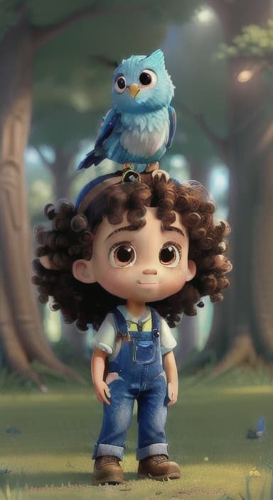  {The tree shining brightly and releasing a gentle, magical light., Riley, a curious with big brown eyes and curly hair, wearing overalls and carrying a small backpack. Their friend, Skye, a bluebird with shiny feathers.