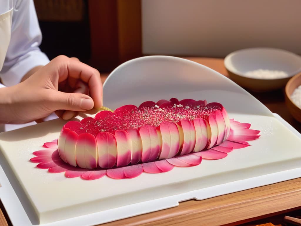  An intricate closeup image of a master chef delicately crafting a traditional wagashi sweet, using meticulous precision to shape the intricate details of a cherry blossom petal out of vibrant pink and white mochi. The chef's hands, adorned with graceful calligraphy tattoos, hover skillfully over the edible canvas, capturing a moment of serene artistry amidst a backdrop of neatly arranged tools and colorful confectionery ingredients. Each subtle movement is a testament to the centuriesold craft of Japanese confectionery making, inviting viewers to immerse themselves in the tranquil beauty of wagashi creation. hyperrealistic, full body, detailed clothing, highly detailed, cinematic lighting, stunningly beautiful, intricate, sharp focus, f/1. 8, 85mm, (centered image composition), (professionally color graded), ((bright soft diffused light)), volumetric fog, trending on instagram, trending on tumblr, HDR 4K, 8K