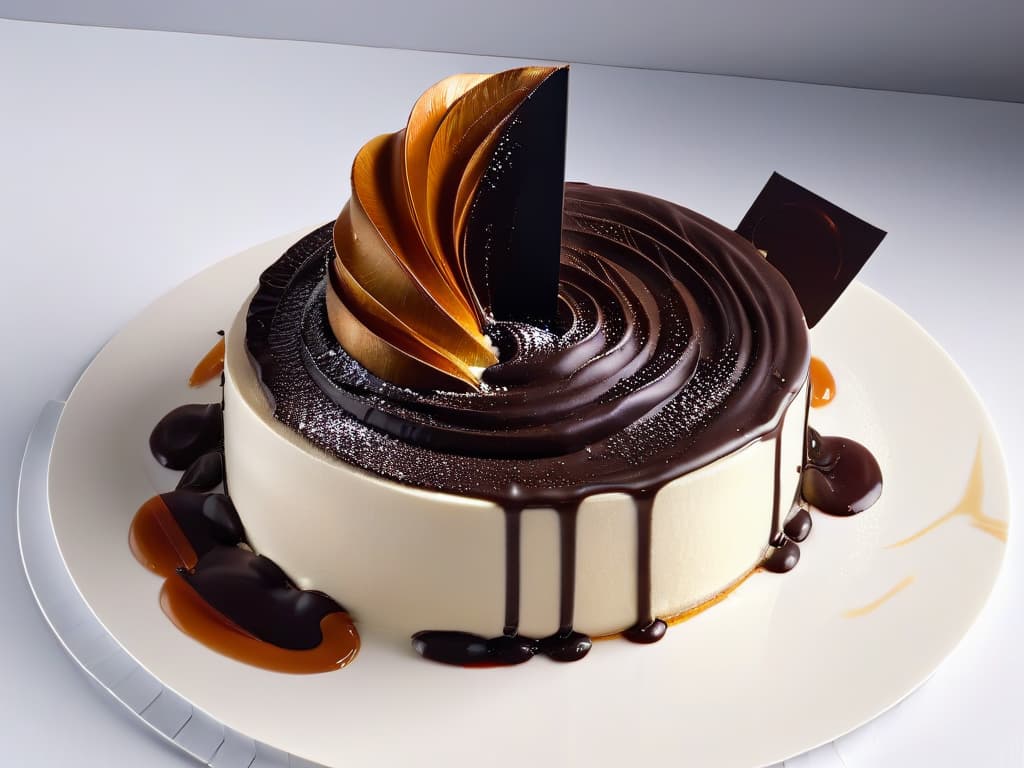  A minimalist, ultradetailed image of a decadent dessert inspired by Renaissance sculpture, featuring intricate swirls of chocolate sauce mimicking the detailed carvings of a classical marble statue. The dessert is delicately placed on a sleek, white plate with a subtle pattern reminiscent of ancient architecture, set against a stark black background to emphasize its gravitydefying design. The dessert itself is a work of art, with layers of rich flavors and textures that echo the grandeur of Renaissance sculptures, inviting viewers to marvel at its beauty and complexity. hyperrealistic, full body, detailed clothing, highly detailed, cinematic lighting, stunningly beautiful, intricate, sharp focus, f/1. 8, 85mm, (centered image composition), (professionally color graded), ((bright soft diffused light)), volumetric fog, trending on instagram, trending on tumblr, HDR 4K, 8K