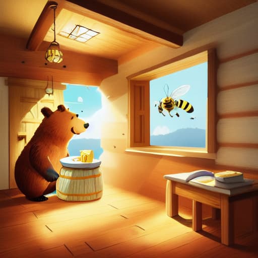  a bear is standing, bee flyin from the window, light coming through window