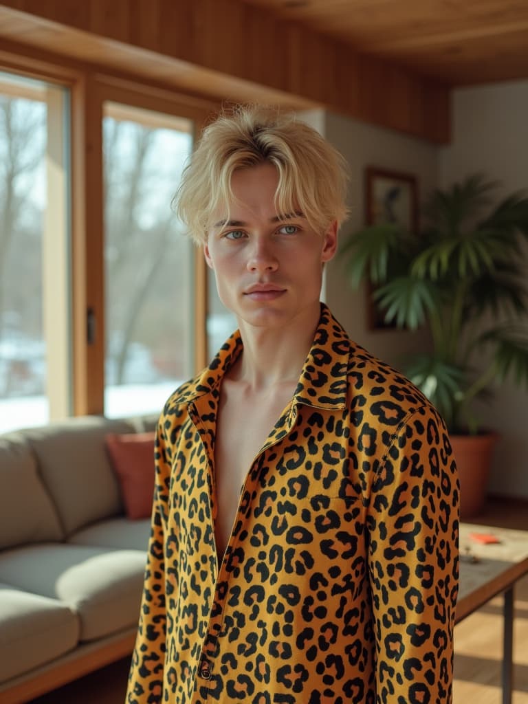  this stunningly beautiful, unedited 8k photograph is a hyperrealistic masterpiece, styled after man ray, showcasing a blonde adult male in his twenties. he is dressed in moschino with ralph lauren accessories, captured in a mid century modern styled living room that emphasizes clean lines, organic forms, and a mix of natural and modern elements. the room, a gathering space for relaxation and entertainment, features architecture and furniture with intricate fractal patterns and dense, minimalist decorations. the image, taken with a polaroid sx70, is professionally color graded with bright, soft diffused light, mimicking snowy conditions and creating a nostalgic atmosphere that draws inspiration from past decades.