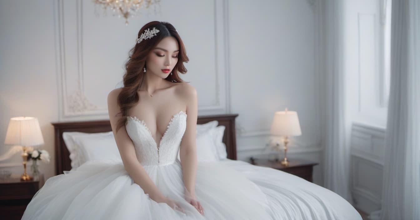  A girl is sitting on a white bed like in a fairy tale. hyperrealistic, full body, detailed clothing, highly detailed, cinematic lighting, stunningly beautiful, intricate, sharp focus, f/1. 8, 85mm, (centered image composition), (professionally color graded), ((bright soft diffused light)), volumetric fog, trending on instagram, trending on tumblr, HDR 4K, 8K