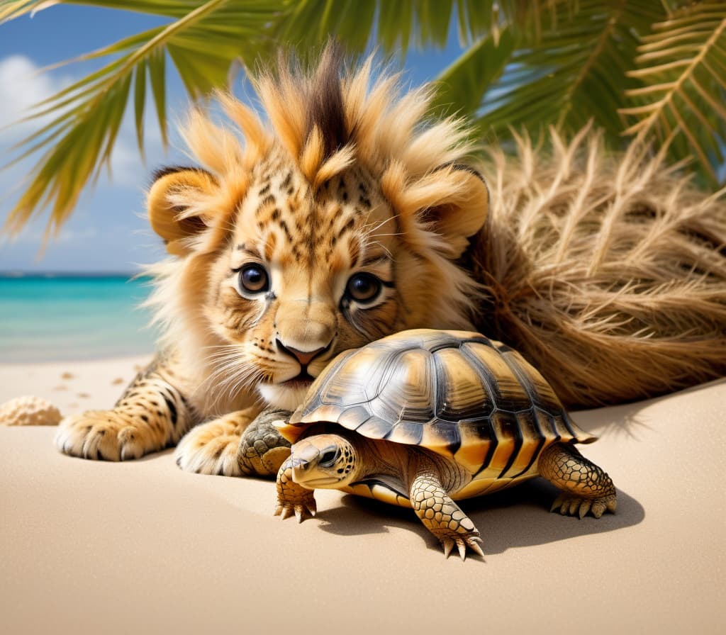  style Mandy Disher, lion cub and turtle are lying on the beach and singing a song, large turtle with a brown shell,  lion cub has a beautiful thick mane, they are having fun, they have a good cheerful mood, carefree life, sun, sea, palm tree