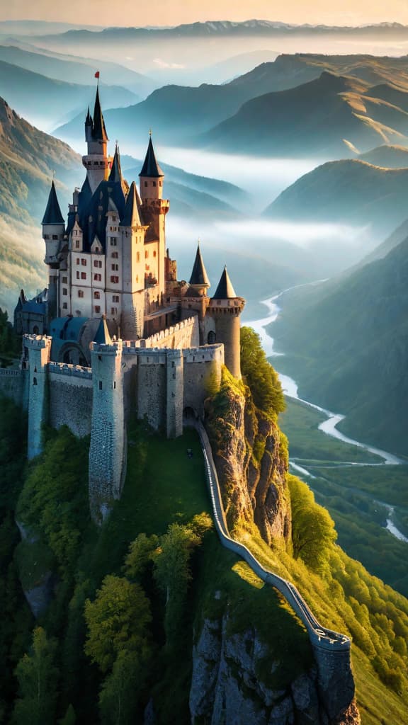  A fantasy castle perched atop a towering cliff, overlooking a vast valley. hyperrealistic, full body, detailed clothing, highly detailed, cinematic lighting, stunningly beautiful, intricate, sharp focus, f/1. 8, 85mm, (centered image composition), (professionally color graded), ((bright soft diffused light)), volumetric fog, trending on instagram, trending on tumblr, HDR 4K, 8K