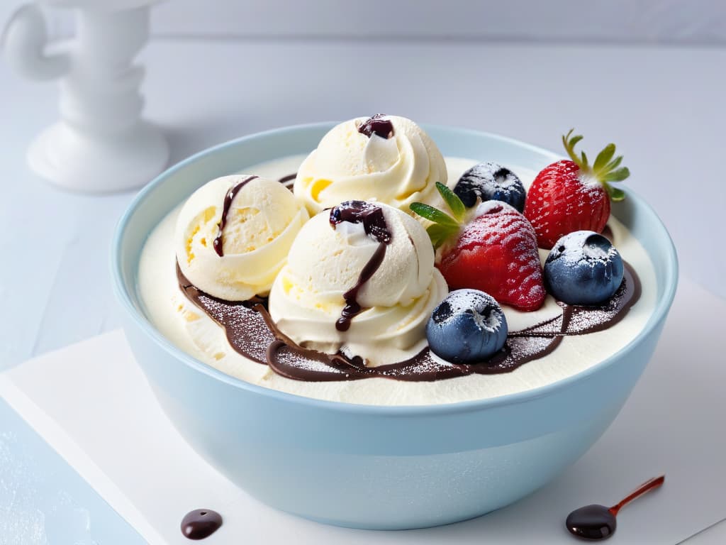  A closeup, ultradetailed image of a scoop of creamy, homemade ice cream perfectly swirled in a sleek, modern bowl. The ice cream is garnished with fresh berries and a drizzle of decadent chocolate sauce, all set against a clean, white backdrop to emphasize the minimalistic aesthetic. The rich textures and vibrant colors of the dessert pop in exquisite detail, making it an enticing and visually appealing addition to the article on crafting the perfect homemade ice cream. hyperrealistic, full body, detailed clothing, highly detailed, cinematic lighting, stunningly beautiful, intricate, sharp focus, f/1. 8, 85mm, (centered image composition), (professionally color graded), ((bright soft diffused light)), volumetric fog, trending on instagram, trending on tumblr, HDR 4K, 8K