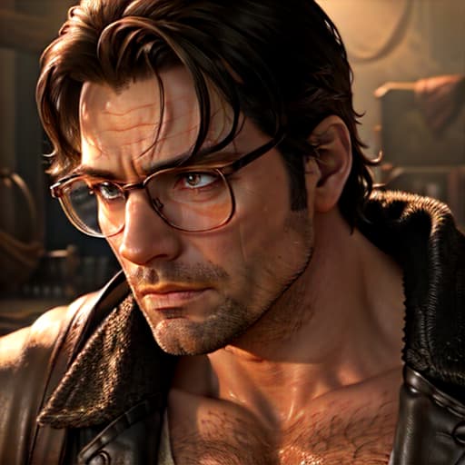  sexy shirtless muscular man from red dead redemption, year 1899, handsome in glasses, but sexy with a buttchin and light stubble, a chisled jawline