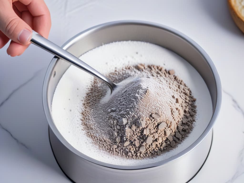  A closeup, ultradetailed image of a shiny stainless steel OXO Good Grips sifter, showcasing its fine mesh and comfortable handle design, with flour gently dusting out in a powdery cloud as it is being sifted. The focus is on the intricate details of the sifter, highlighting its durability and efficiency in achieving a smooth, lumpfree texture for baking ingredients. hyperrealistic, full body, detailed clothing, highly detailed, cinematic lighting, stunningly beautiful, intricate, sharp focus, f/1. 8, 85mm, (centered image composition), (professionally color graded), ((bright soft diffused light)), volumetric fog, trending on instagram, trending on tumblr, HDR 4K, 8K