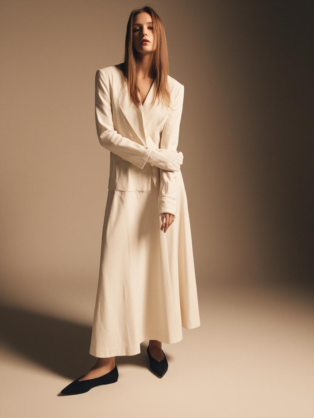  detail, ultra realistic photo, minimalist fashion editorial featuring a model in cream colored, soft textured clothing. the scene is lit with warm, soft lighting that creates gentle shadows, emphasizing the clean lines and fluidity of the outfit. the overall aesthetic is elegant and understated, with muted tones and a calm, serene mood. hyperrealistic, full body, detailed clothing, highly detailed, cinematic lighting, stunningly beautiful, intricate, sharp focus, f/1. 8, 85mm, (centered image composition), (professionally color graded), ((bright soft diffused light)), volumetric fog, trending on instagram, trending on tumblr, HDR 4K, 8K