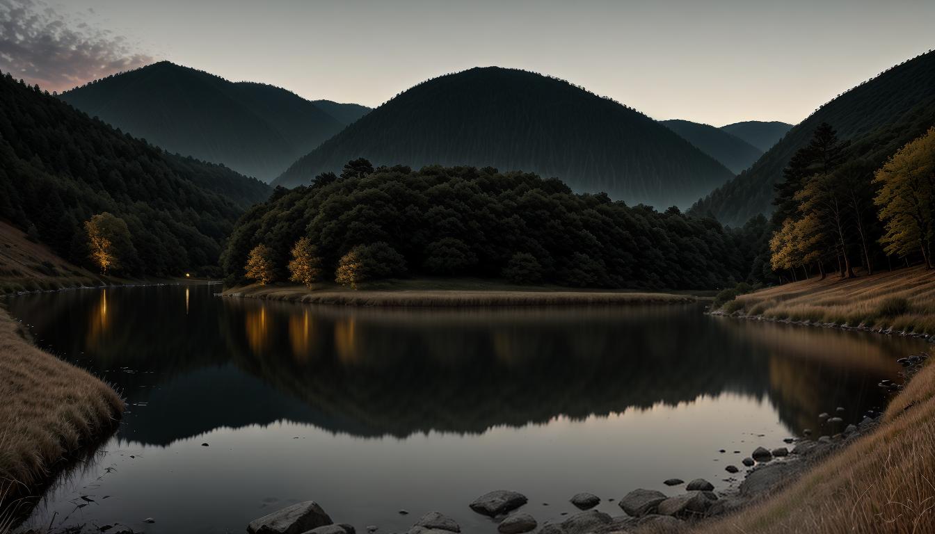  cinematic, aesthetic, A serene landscape, gentle hills, a calm river winding, still reflections, ambient twilight, contemplative mood, 4k, HDR, lens flare