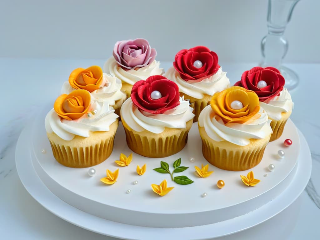  A closeup, ultradetailed image of intricately decorated cupcakes arranged in a circular pattern on a sleek, white marble serving platter. Each cupcake is meticulously adorned with colorful frosting swirls, edible pearls, delicate flowers, and shimmering gold leaf accents, creating a visually stunning and mouthwatering display. hyperrealistic, full body, detailed clothing, highly detailed, cinematic lighting, stunningly beautiful, intricate, sharp focus, f/1. 8, 85mm, (centered image composition), (professionally color graded), ((bright soft diffused light)), volumetric fog, trending on instagram, trending on tumblr, HDR 4K, 8K