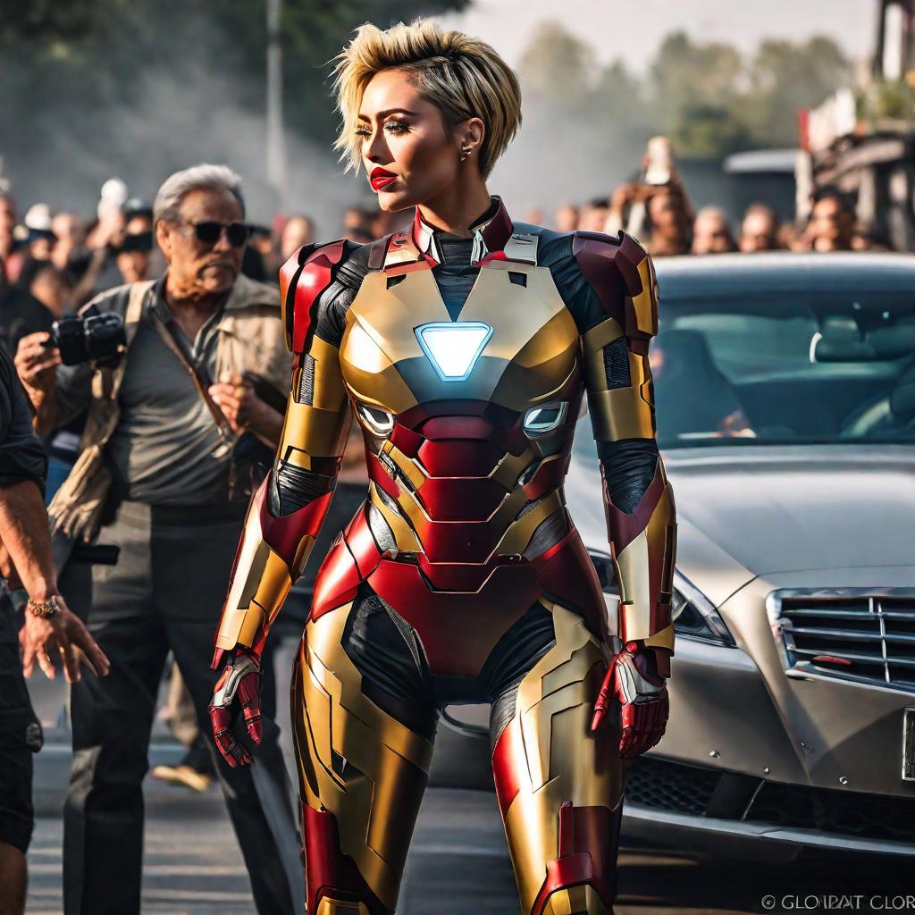  Miley cyrus armadura iron man hyperrealistic, full body, detailed clothing, highly detailed, cinematic lighting, stunningly beautiful, intricate, sharp focus, f/1. 8, 85mm, (centered image composition), (professionally color graded), ((bright soft diffused light)), volumetric fog, trending on instagram, trending on tumblr, HDR 4K, 8K