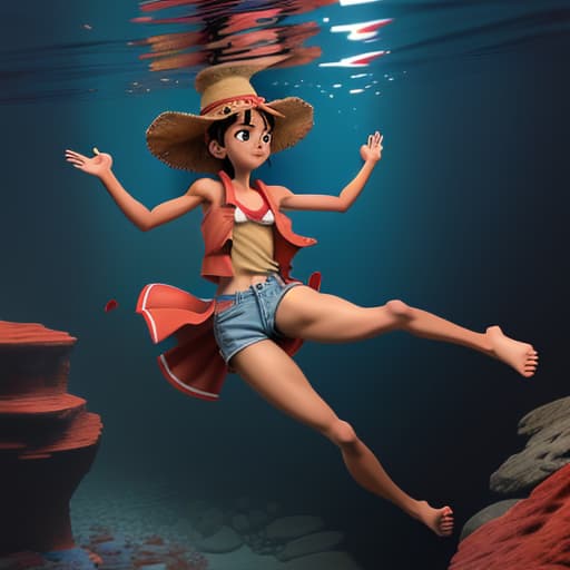  tanned Luffy in red vest and blue strings walking underwater his legs are giant her arms are reach up view from the back