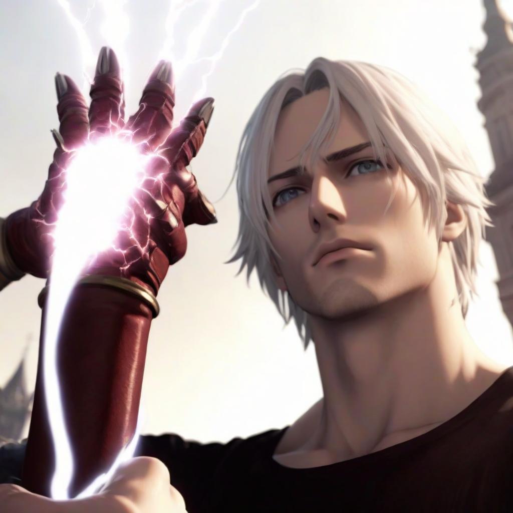  a close up of a person holding a statue, dante from devil may cry 2 0 0 1, dazzling energy, long fingers, electricity lightning, ilya, eldritchpunk, nightcore, infused with lightning, breathtaking realistic, leather cuffs around wrists, 2 0 1 9 anime screenshot, discord mod, beautiful young prince, izombie, meme template hyperrealistic, full body, detailed clothing, highly detailed, cinematic lighting, stunningly beautiful, intricate, sharp focus, f/1. 8, 85mm, (centered image composition), (professionally color graded), ((bright soft diffused light)), volumetric fog, trending on instagram, trending on tumblr, HDR 4K, 8K