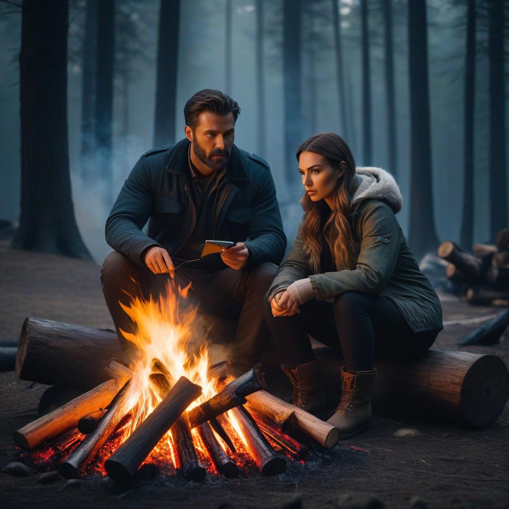  A man and a girl are sitting by a dying campfire. hyperrealistic, full body, detailed clothing, highly detailed, cinematic lighting, stunningly beautiful, intricate, sharp focus, f/1. 8, 85mm, (centered image composition), (professionally color graded), ((bright soft diffused light)), volumetric fog, trending on instagram, trending on tumblr, HDR 4K, 8K