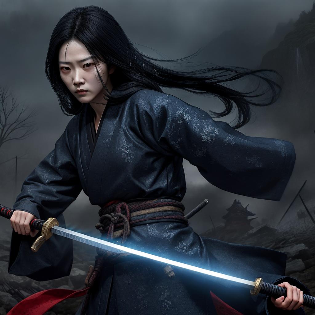  Masterpiece, best quality, long black hair, female warrior with cold eyes, Japanese style clothes, equipped with a katana, standing in the rain, God lost in the sword, the sword has evil spirits wrapped around it, corpses are everywhere behind it, the woman's eyes show a blue glow in the night