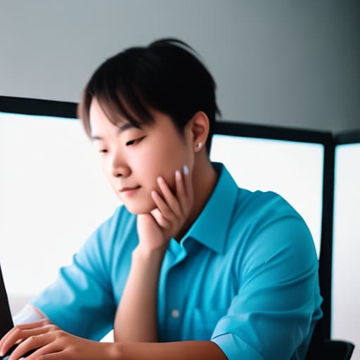  Capture a high-quality photography image of a person sitting at a desk in front of a computer, with their face illuminated by the glow of the screen. The focus should be on the writing posts and creating content, so use a shallow depth of field to blur out the surroundings.