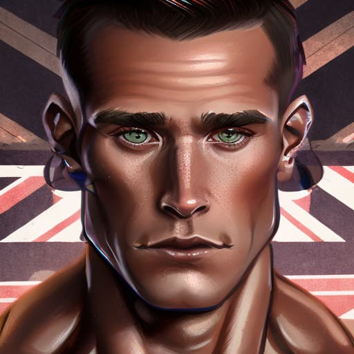 portrait+ style British queer IFBB brunette hunk dude face