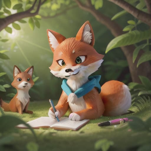  "Create an image in which the curious fox named Sara is observing Ellie, a nature-loving fairy who is joyfully drawing under a fruitful apple tree in a vibrant and colorful forest. Make sure the characters are uniquely designed, with Ellie being small and stunningly beautiful and Sara being curious and cute. Have a bright and colorful palette to represent the forest and its lively atmosphere. The image should capture both the characters' exploration and learning in nature, which intensify their growing friendship. Also, include some drawing tools nearby to emphasize the themes of learning, creativity, and nature's love throughout their encounter in the forest.", best quality, very detailed, high resolution, sharp, sharp image, extremely det hyperrealistic, full body, detailed clothing, highly detailed, cinematic lighting, stunningly beautiful, intricate, sharp focus, f/1. 8, 85mm, (centered image composition), (professionally color graded), ((bright soft diffused light)), volumetric fog, trending on instagram, trending on tumblr, HDR 4K, 8K