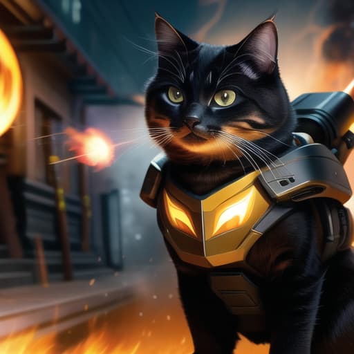  an anthropomorphic cat wearing black linen is depicted in an action pose, swirling fire with an arrow symbol in cat hand, floating above a street in a dark city alleyway, swirling magic effects and swirling energy waves surround cat, with a golden glow on cat face and body, looking at the camera, hyper detailed, movie still, ultrawide, ultra detailed, hyper focus, unreal engine, masterpiece, high rez, high quality, futuristic, exo skeleton, power armor, apex cat dominant universe, , (masterpiece, best quality:1.5), HDR 4K, 8K