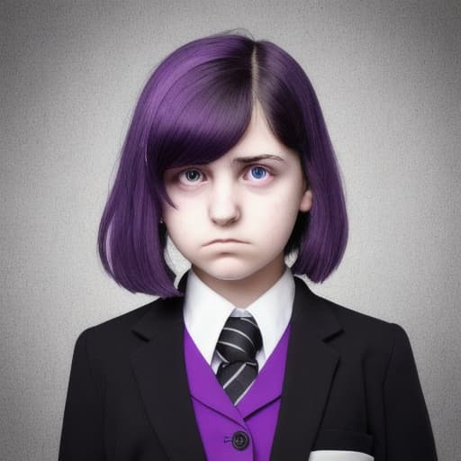  girl in a school suit, with black eyes, with an indifferent look, and purple hair