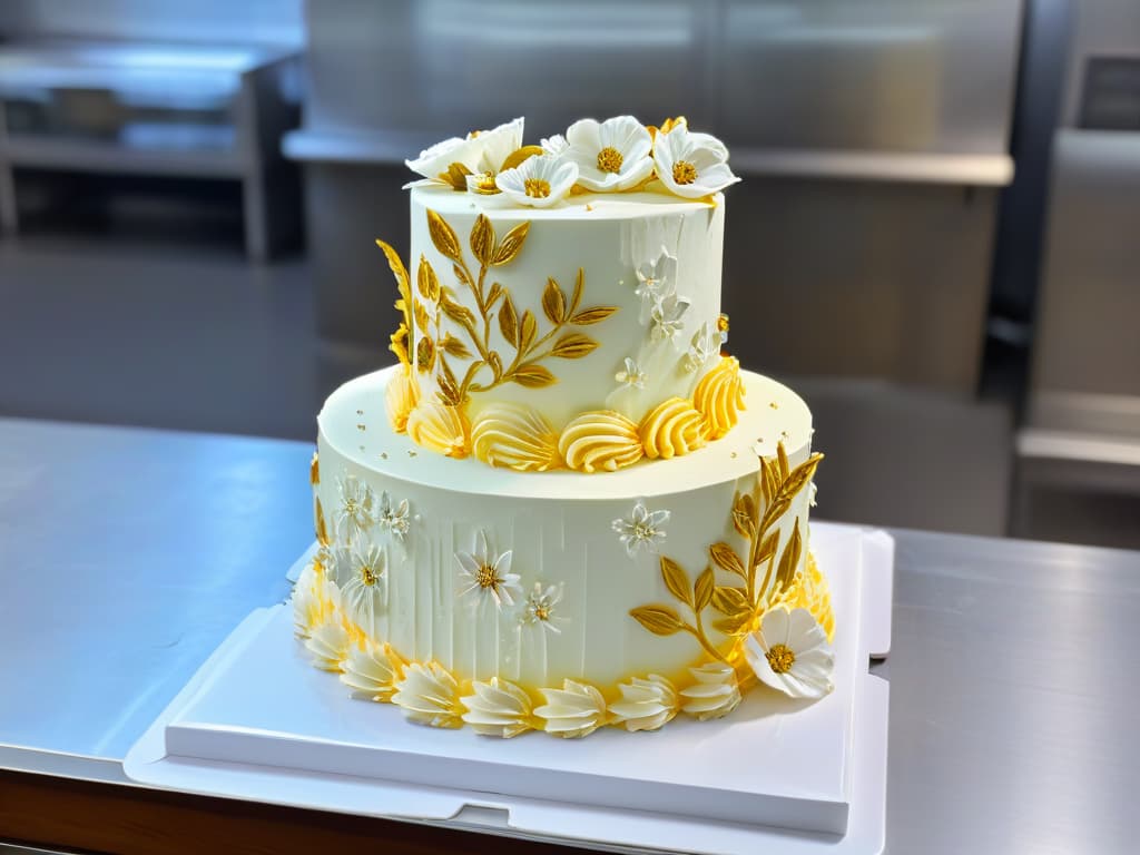  An intricately decorated threetiered cake standing on a marble countertop, adorned with delicate sugar flowers, intricate piping details, and shimmering edible gold leaf accents. The background shows a bustling bakery kitchen with chefs in white uniforms working diligently on various confectionery creations, adding a sense of professional and inspiring atmosphere to the scene. hyperrealistic, full body, detailed clothing, highly detailed, cinematic lighting, stunningly beautiful, intricate, sharp focus, f/1. 8, 85mm, (centered image composition), (professionally color graded), ((bright soft diffused light)), volumetric fog, trending on instagram, trending on tumblr, HDR 4K, 8K