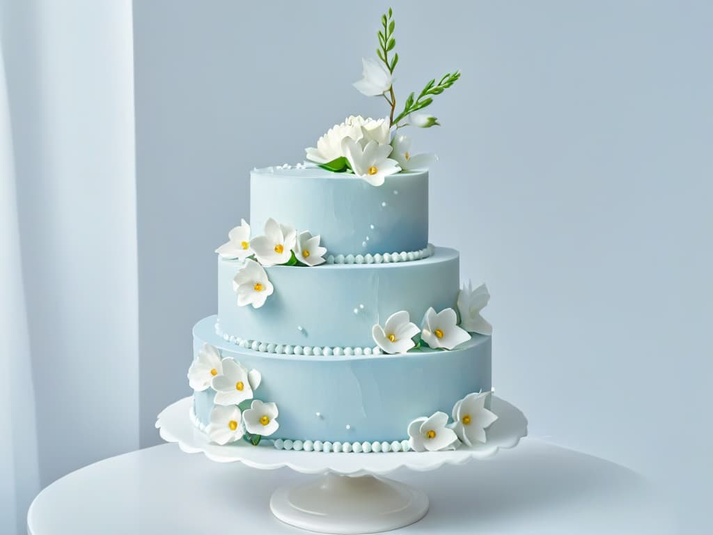  A minimalistic and elegant threetiered glutenfree wedding cake, beautifully decorated with delicate white sugar flowers and intricate piping details. The cake is displayed on a sleek marble cake stand, set against a soft, blurred background to emphasize the intricate design and craftsmanship. hyperrealistic, full body, detailed clothing, highly detailed, cinematic lighting, stunningly beautiful, intricate, sharp focus, f/1. 8, 85mm, (centered image composition), (professionally color graded), ((bright soft diffused light)), volumetric fog, trending on instagram, trending on tumblr, HDR 4K, 8K