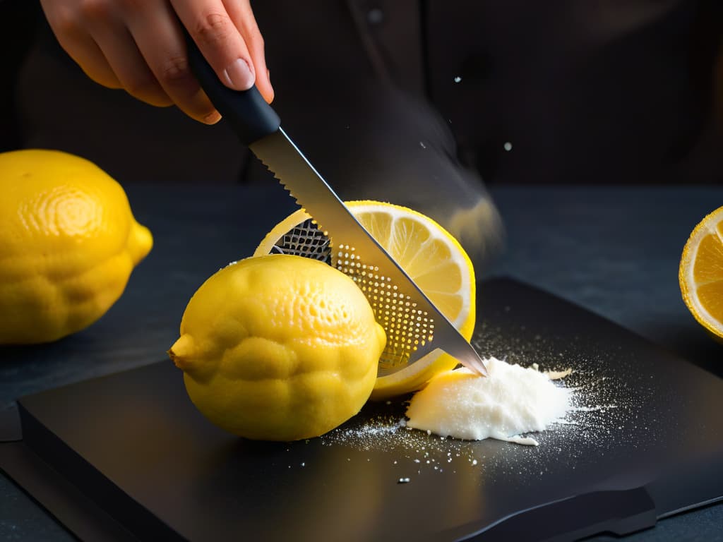  A closeup, highresolution image of a shiny stainless steel zester grating the vibrant yellow zest off a fresh lemon, with the tiny citrus shavings elegantly falling onto a dark, matte background. The focus is on the intricate details of the zester's sharp blades capturing every delicate piece of zest, showcasing the precision and quality of the tool for extracting essential flavors in pastry making. hyperrealistic, full body, detailed clothing, highly detailed, cinematic lighting, stunningly beautiful, intricate, sharp focus, f/1. 8, 85mm, (centered image composition), (professionally color graded), ((bright soft diffused light)), volumetric fog, trending on instagram, trending on tumblr, HDR 4K, 8K