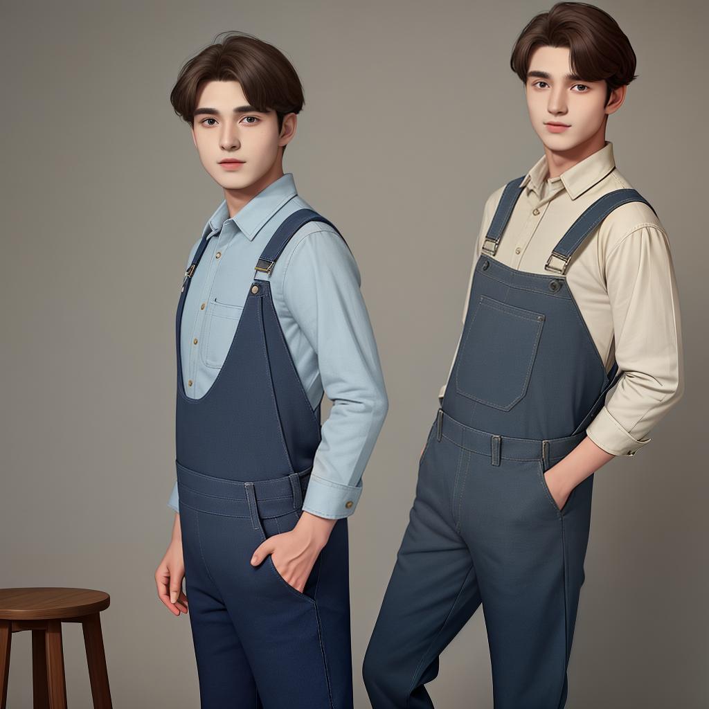  masterpiece, best quality,a young -old boy wearing a dungaree with built-in khaki and navy shirt. flat ,