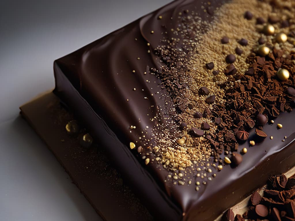  A closeup, ultrahighresolution image of a perfectly tempered dark chocolate bar, showcasing a glossy finish with intricate swirl patterns on its surface. The lighting highlights the rich, deep brown color of the chocolate, and tiny cocoa nibs are sprinkled delicately on top, adding a touch of elegance. The background is a subtle gradient that fades from dark brown to a soft, muted gold, enhancing the luxurious and sophisticated feel of the image. hyperrealistic, full body, detailed clothing, highly detailed, cinematic lighting, stunningly beautiful, intricate, sharp focus, f/1. 8, 85mm, (centered image composition), (professionally color graded), ((bright soft diffused light)), volumetric fog, trending on instagram, trending on tumblr, HDR 4K, 8K