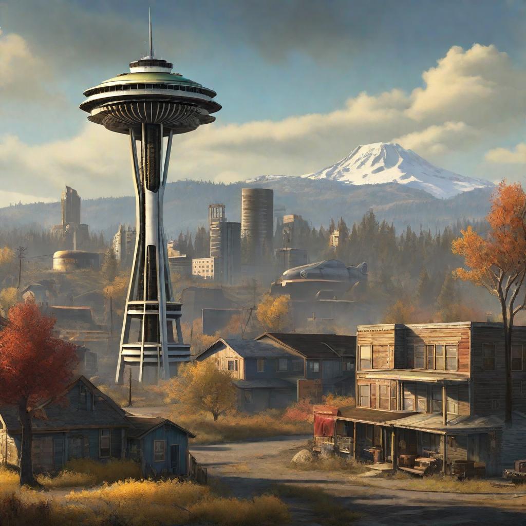  masterpiece, best quality, fallout game set in the pacific north west with space needle in the background